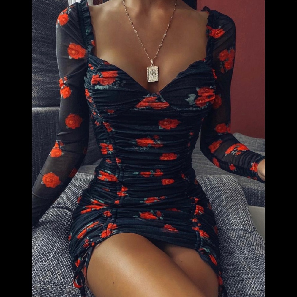 Black and red rose print mini dress